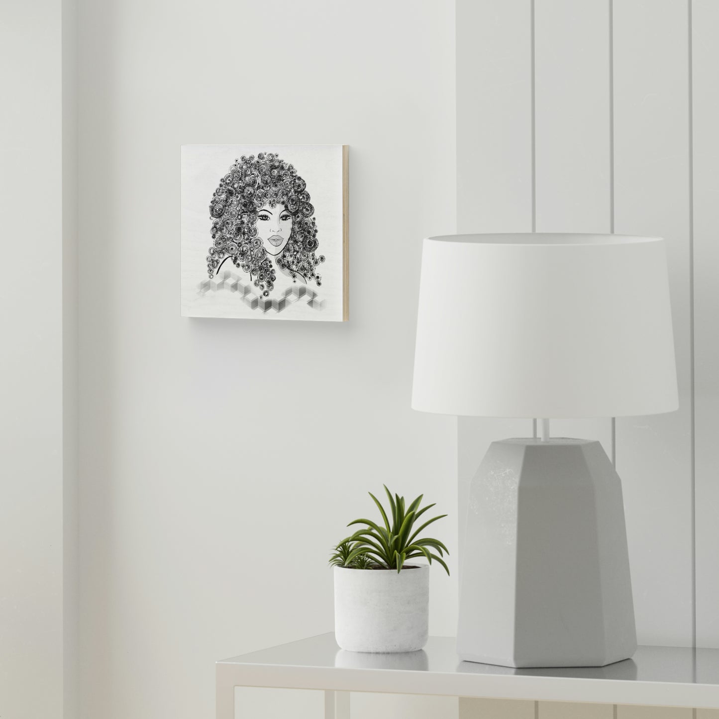 Girl with curls Art on Wood Canvas